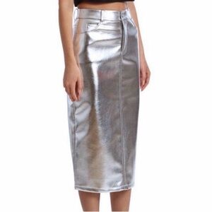 7 For All Mankind - Silver Faux Leather Midi Skirt